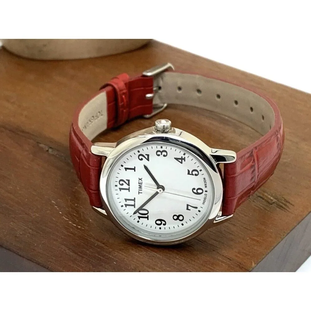 Timex Women's Watch TW2P68700 Quartz Indiglo White Dial Red Leather Stra…